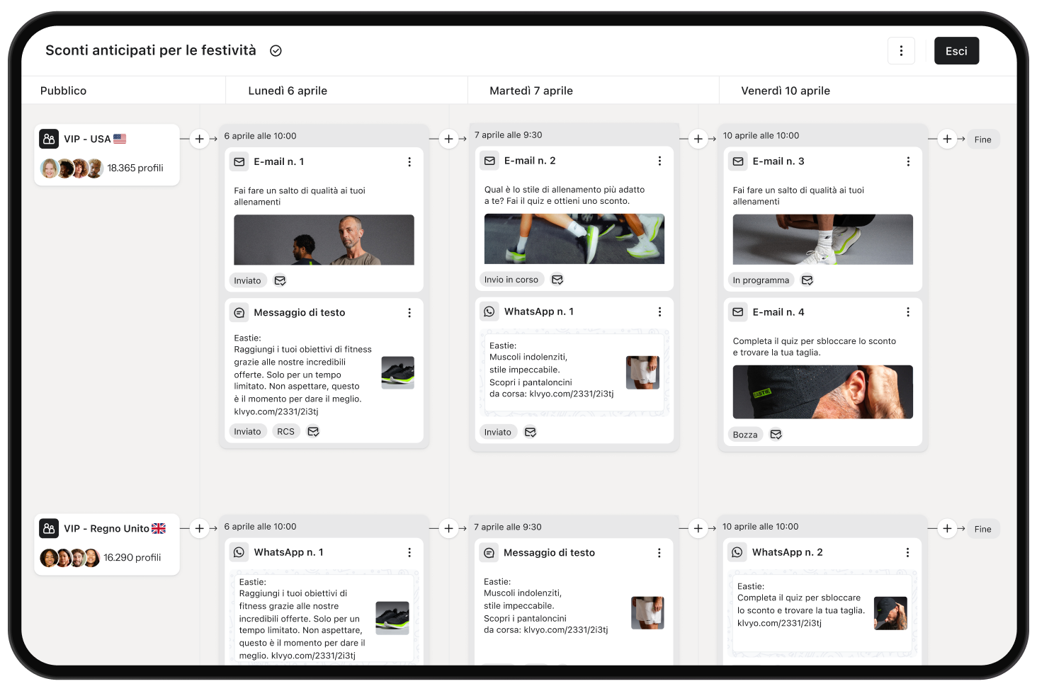 Il calendario delle campagne di marketing che mostra e-mail, messaggi di testo e messaggi WhatsApp pianificati per il pubblico di Stati Uniti e Regno Unito.