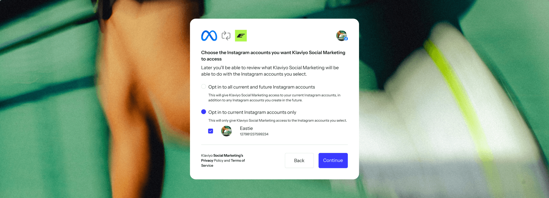 Klaviyo Social Marketing prompt to choose Instagram accounts to access, with 'Opt in to current accounts only' selected for 'Eastie'.