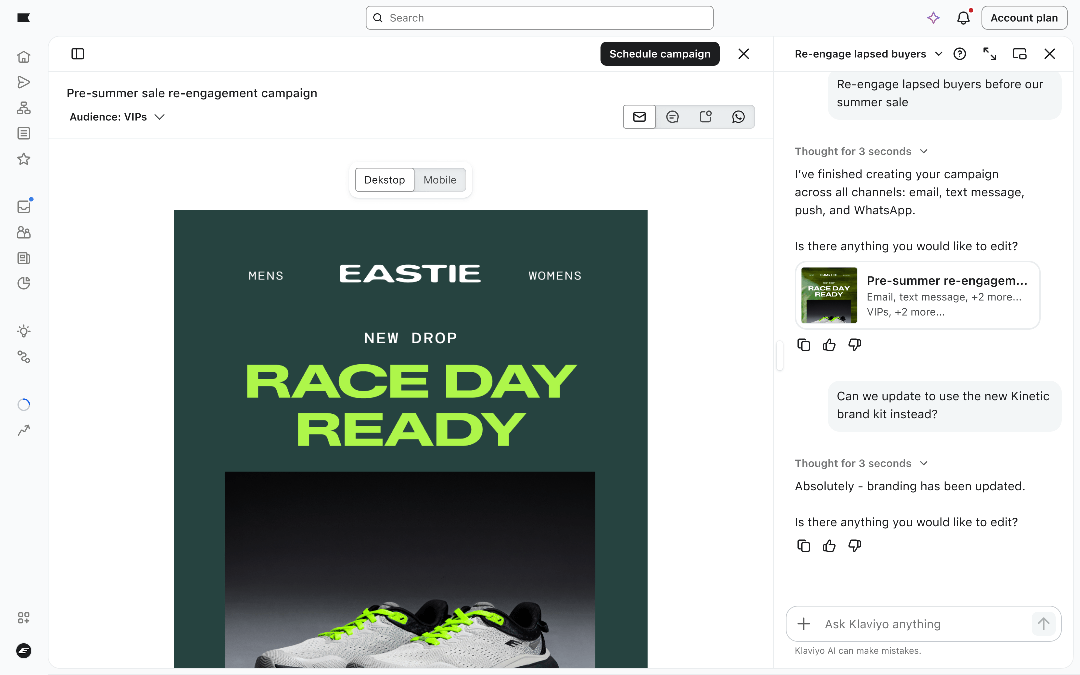 A marketing platform displaying an 'EASTIE Race Day Ready' email campaign preview and an AI assistant chat.