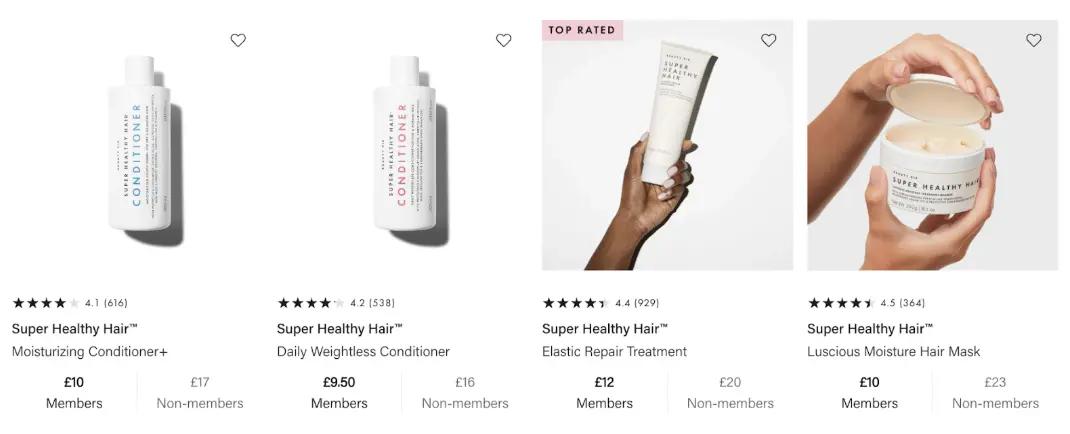 Super Healthy Hair products with member and non-member pricing. Includes conditioners, repair treatment, and hair mask.