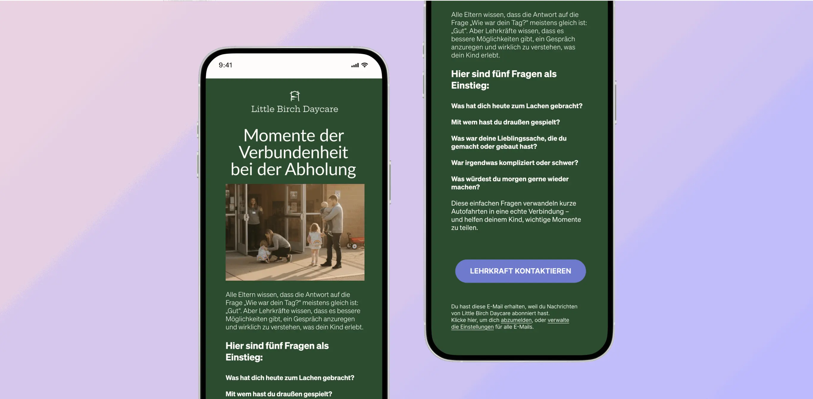 Zwei Smartphones zeigen eine Webseite von "Little Birch Daycare" mit Tipps für Eltern, um Gespräche mit Kindern zu beginnen.