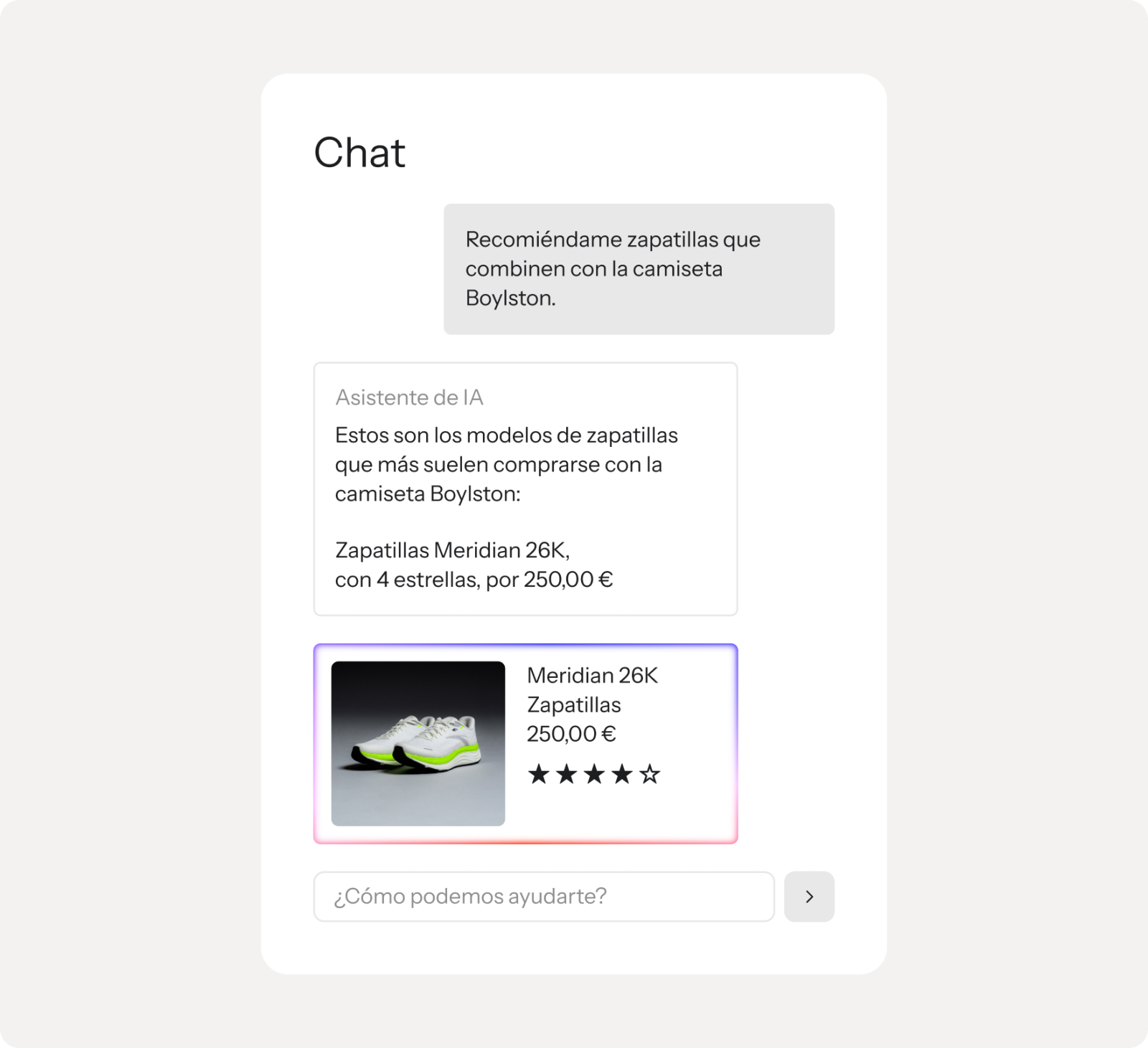 Conversación de chat en la que alguien pide zapatillas que combinen con una camiseta y Customer Agent responde con un modelo de zapatillas que más suele comprarse junto a la camiseta, acompañado de su ficha con foto, precio y valoración.