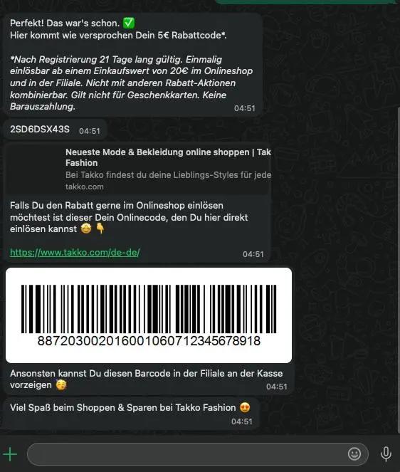 WhatsApp-Nachricht mit einem 5€ Rabattcode für Takko Fashion, einem Barcode und einem Link zur Takko-Website.