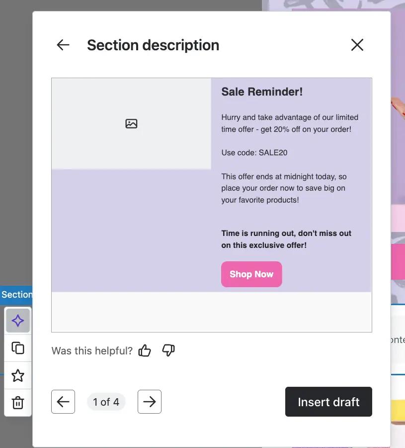 Image shows one of the options Klaviyo Email AI generates for a user after they enter a description of the type of email they want to send.