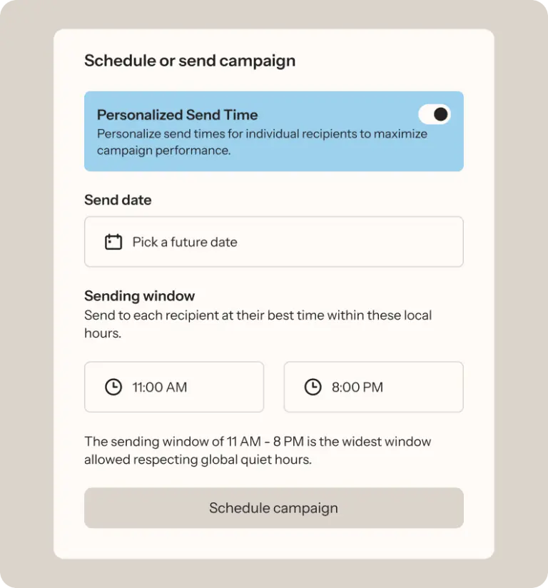 Campaign scheduling interface with options for personalized send time, future date selection, and sending window from 11 AM to 8 PM.