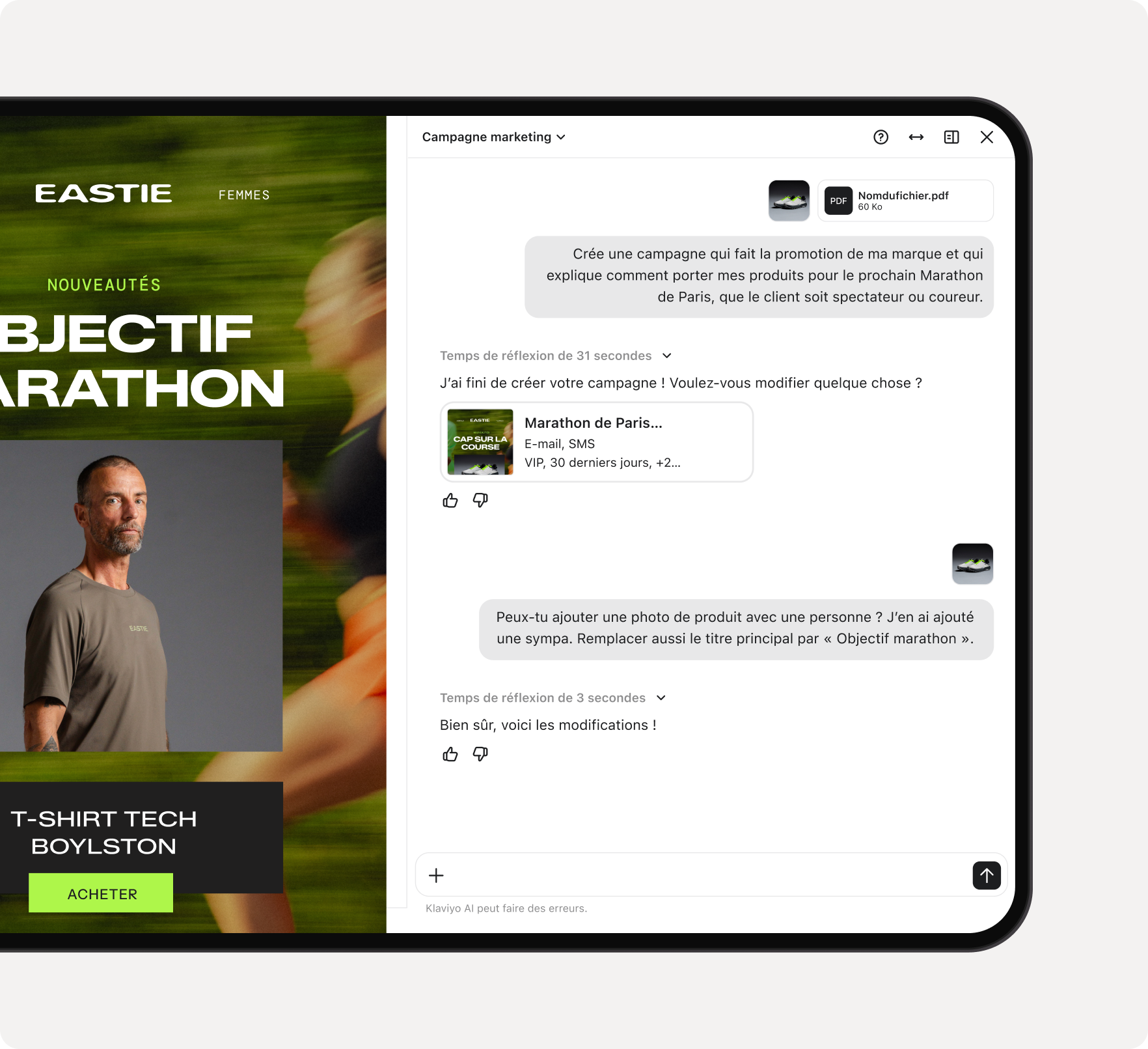 Digital screen displaying an AI chatbot generating a 'Marathon de Paris' marketing campaign that updates the 'EASTIE' brand product page featuring a man and 'OBJECTIF MARATHON' title.