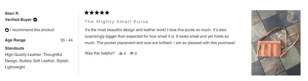 Image shows a 5-star review of the Lee Crossbody bag on the Latico Leathers website, containing a customer photo of the bag.