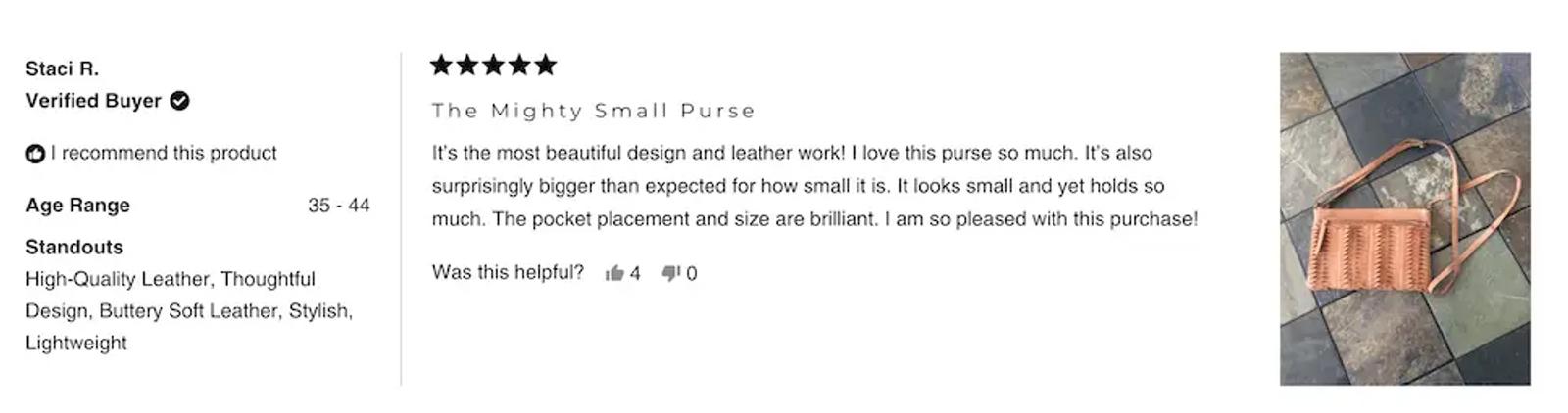 Image shows a 5-star review of the Lee Crossbody bag on the Latico Leathers website, containing a customer photo of the bag.