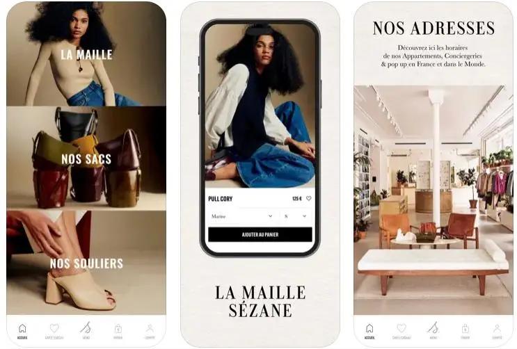 Application Sézane avec trois écrans : vêtements, sacs, chaussures ; produit affiché sur un smartphone ; intérieur de boutique.