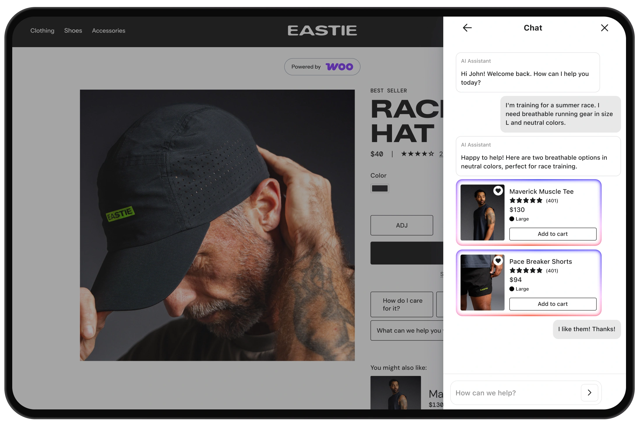 Online hat product page with an AI chat recommending a muscle tee and running shorts.