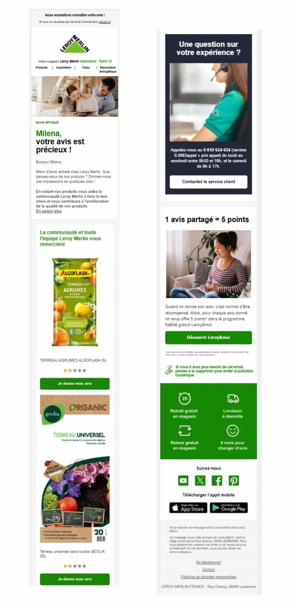 Email de Leroy Merlin proposant de donner son avis après achat, en contrepartie de points de fidélité dans le programme Leroy&moi.