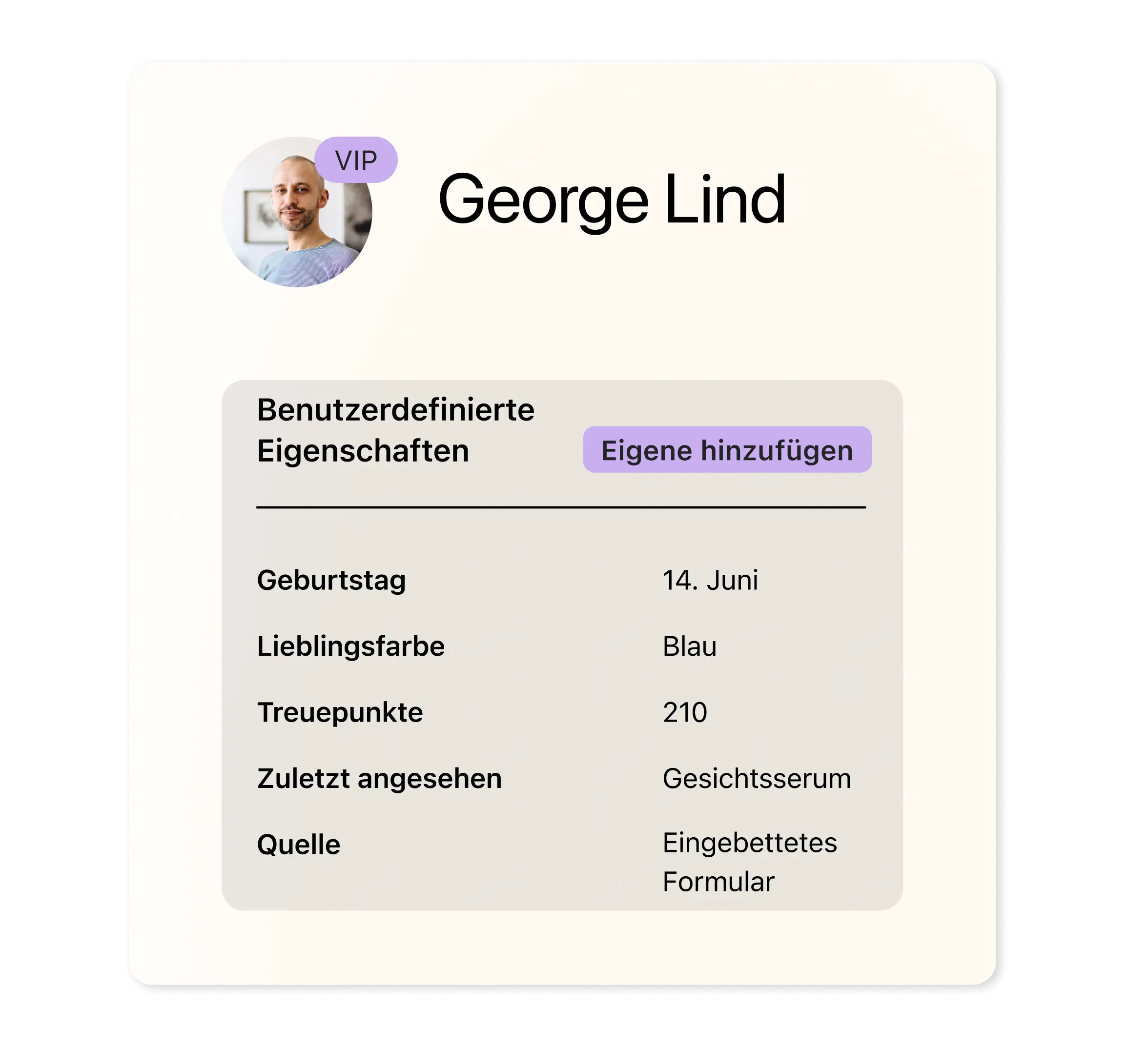 Customer profile showing various custom properties: birthday, favorite color, number of loyalty points, recently viewed product, and source.