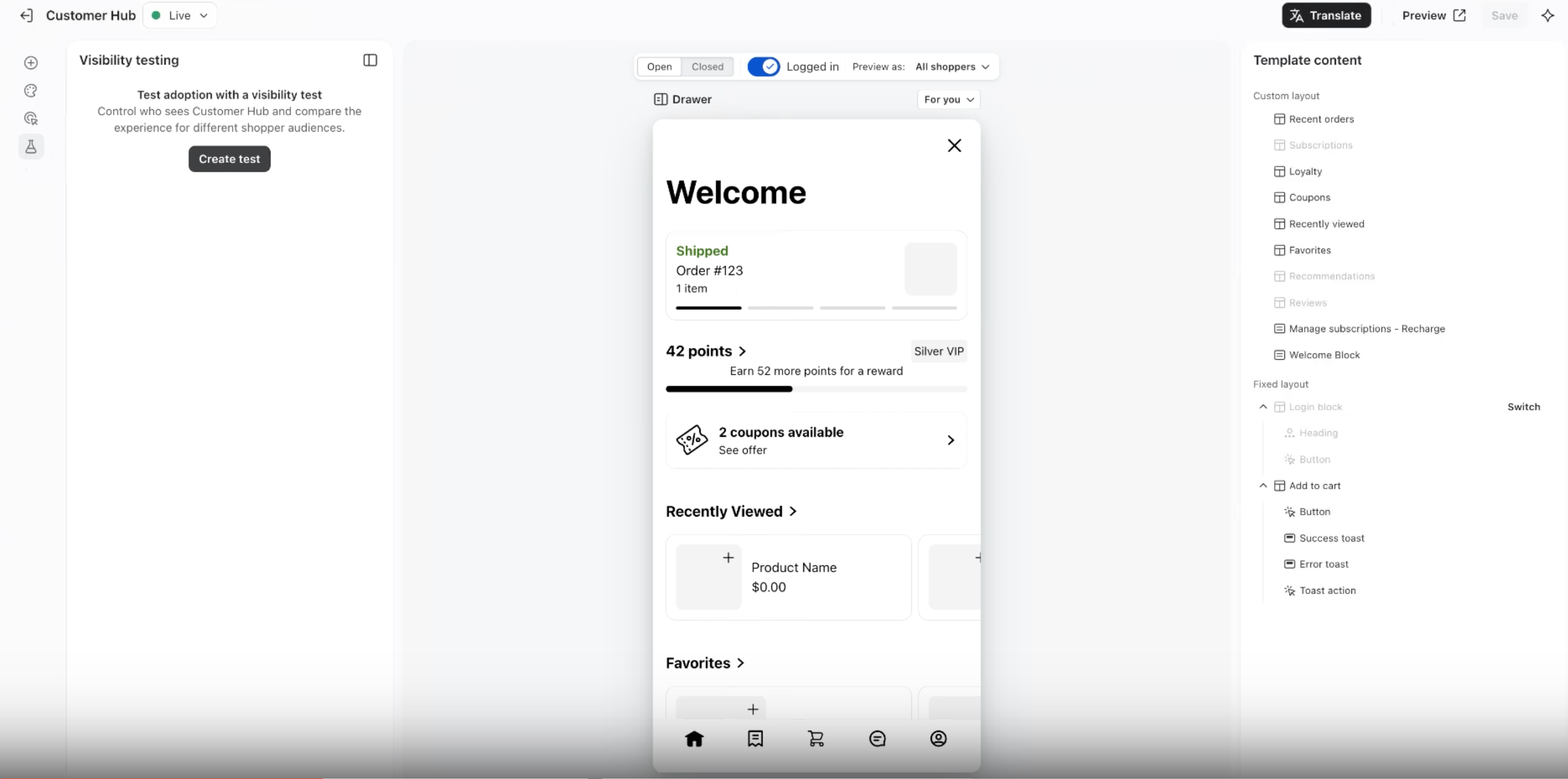 A UI editor displaying a mobile app's customer hub "Welcome" page, flanked by "Visibility testing" and "Template content" panels.