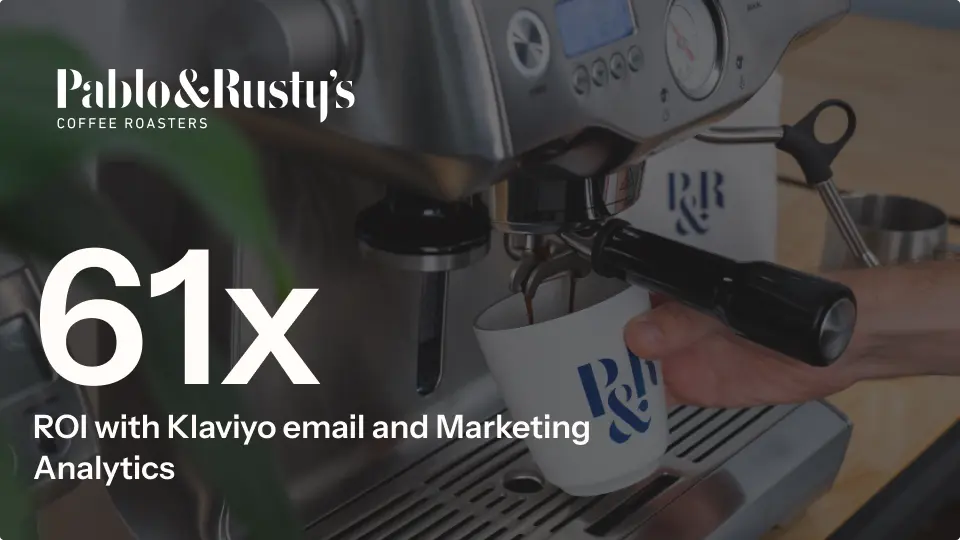 Pablo & Rusty's coffee machine with text: "61x ROI with Klaviyo email and Marketing Analytics".