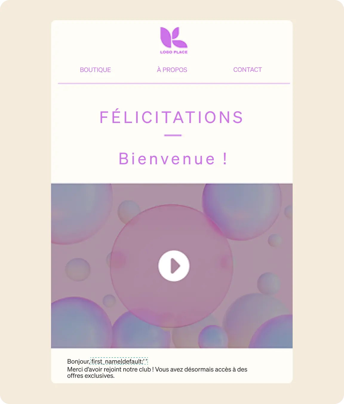 Félicitations et bienvenue affichés sur une page web avec un bouton de lecture et des bulles en arrière-plan.