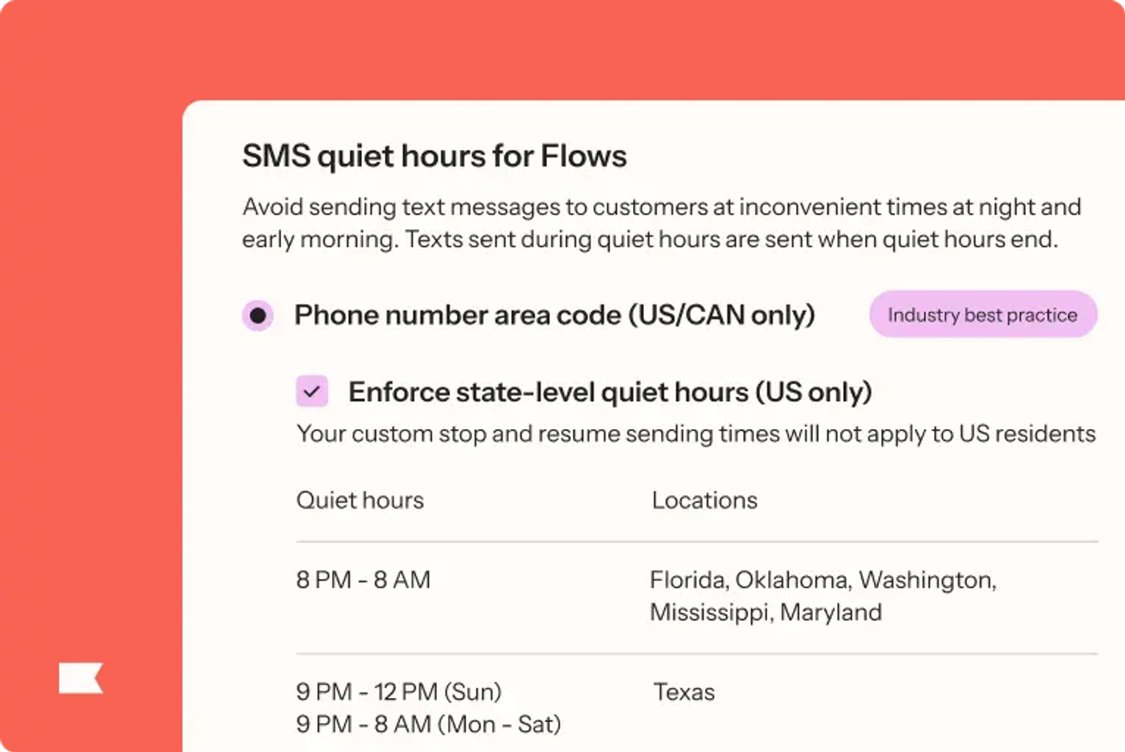 SMS quiet hours information for Flows, detailing times and locations for US state-level enforcement.