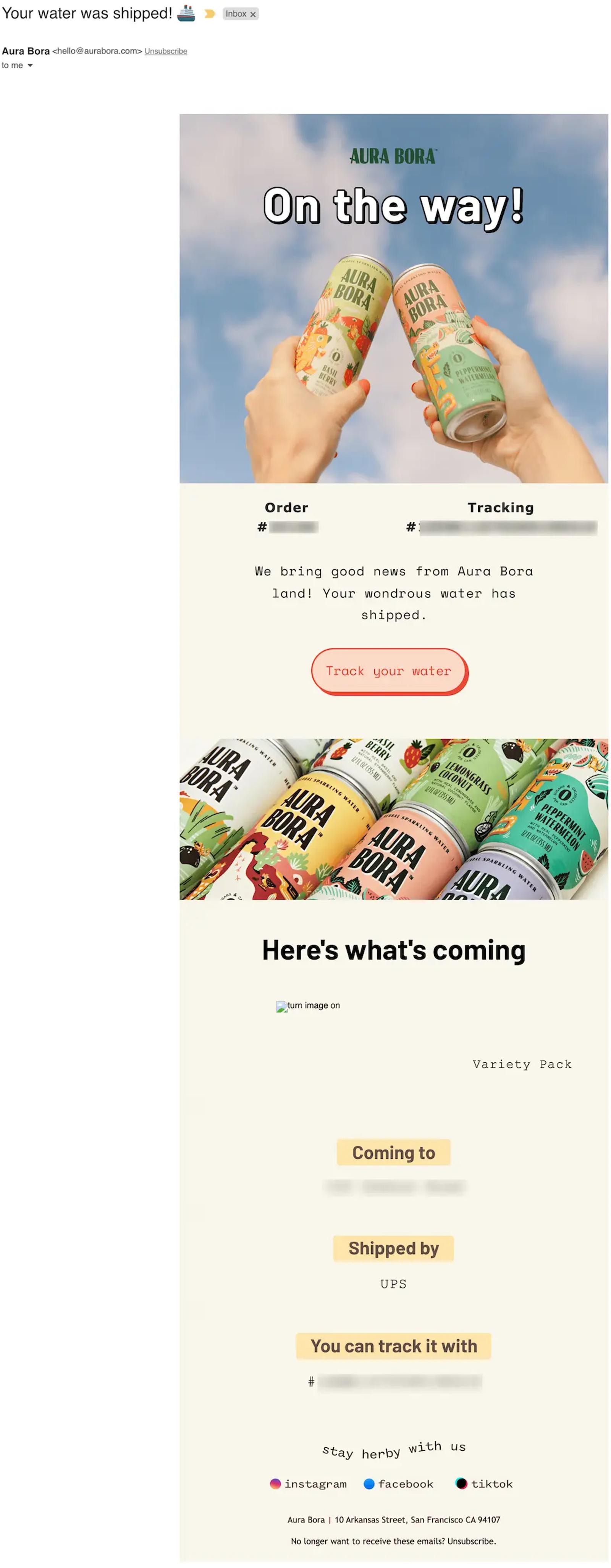 Aura Bora has eye-catching branding with specific colors, designs, typography, and copy. All these elements are woven into its shipping confirmation email, making it memorable.