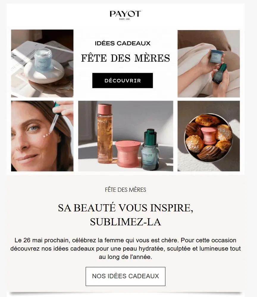 E-mail marketing Payot pour la Fête des Mères avec un bouton d’appel à l’action « Découvrir » placé en haut, design épuré et contraste fort pour optimiser le taux de clic.