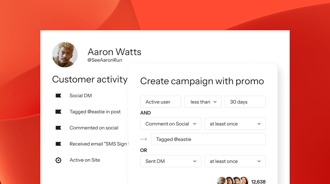 A CRM interface displaying a customer activity log for Aaron Watts and a modal to create a marketing campaign based on user actions.