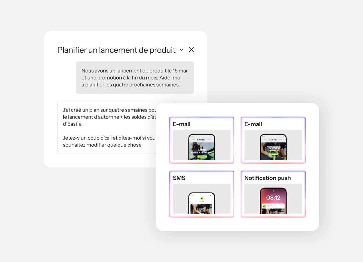 AI-generated four-week product launch plan with email, text, and push campaign previews.