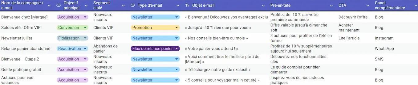 Tableau d'un calendrier éditorial d'e-mails marketing avec colonnes pour nom de campagne, objectif, segment, type d'e-mail, objet, pré-en-tête, CTA, et canal.