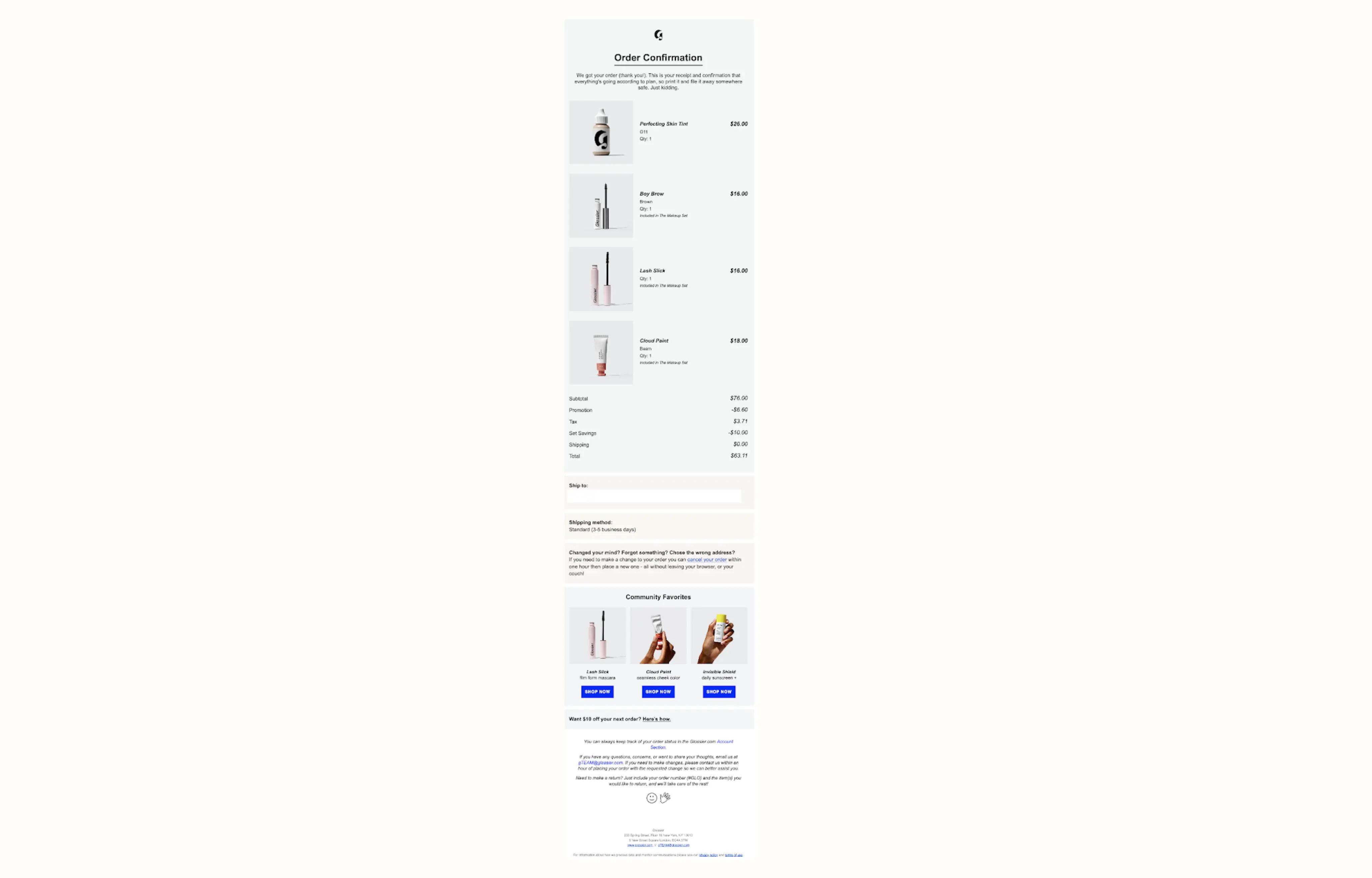 Image shows an order confirmation email from beauty brand Glossier which clearly displays each item purchased, along with product recommendations and a link to receive a discount on the next order.