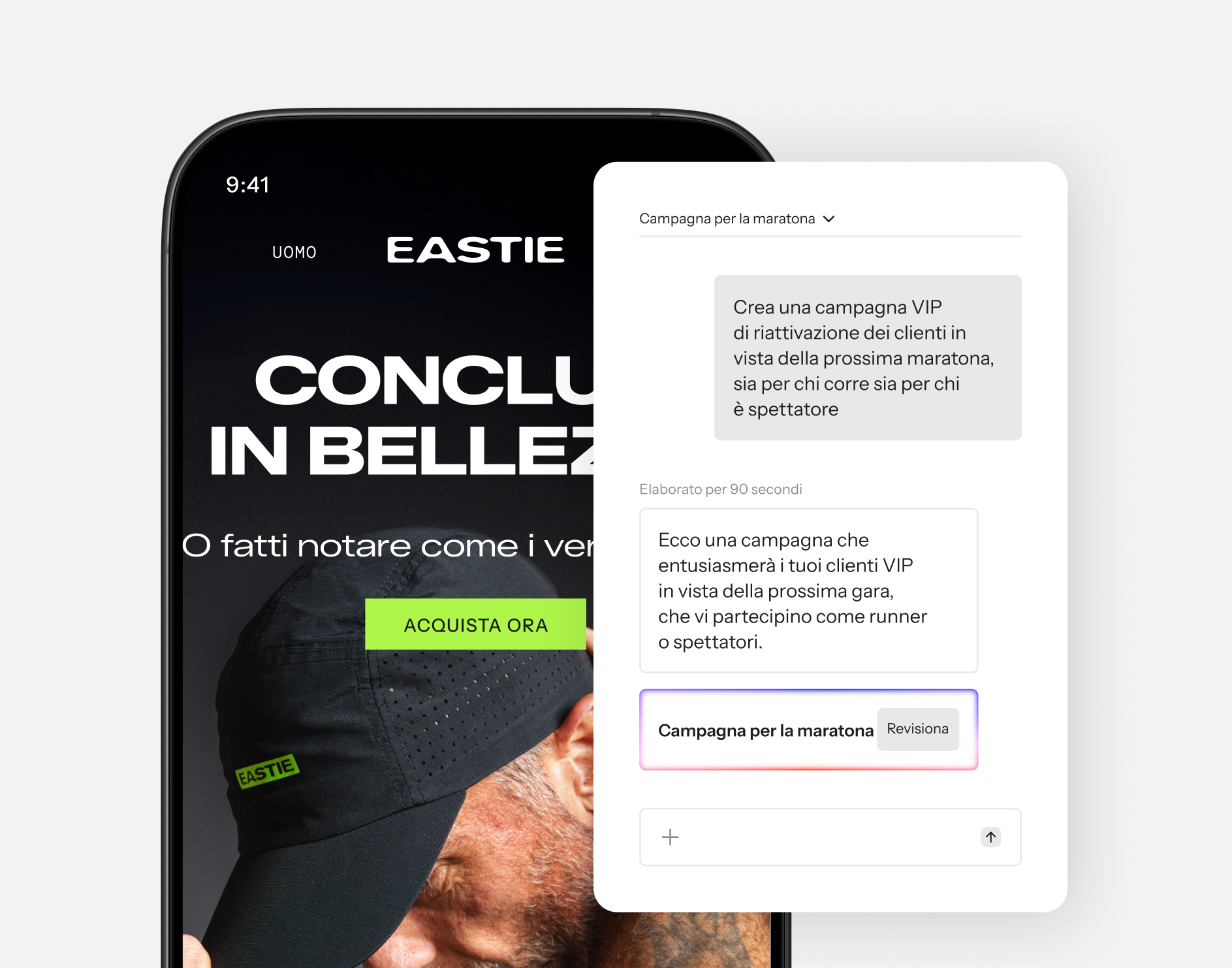 A smartphone displaying a fitness clothing website with an AI-powered pop-up suggesting a "Marathon campaign."