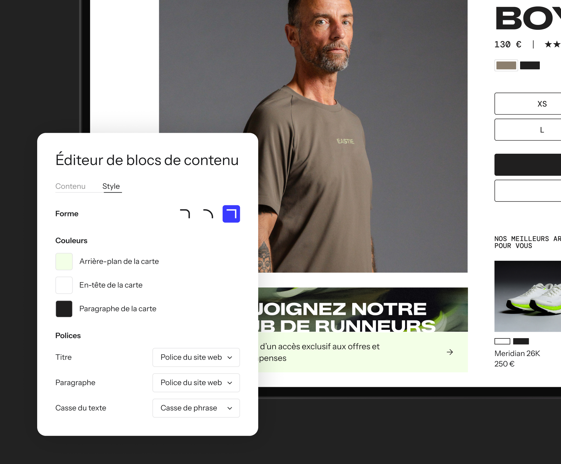 A content block editor showing style options, overlaying an e-commerce product page.