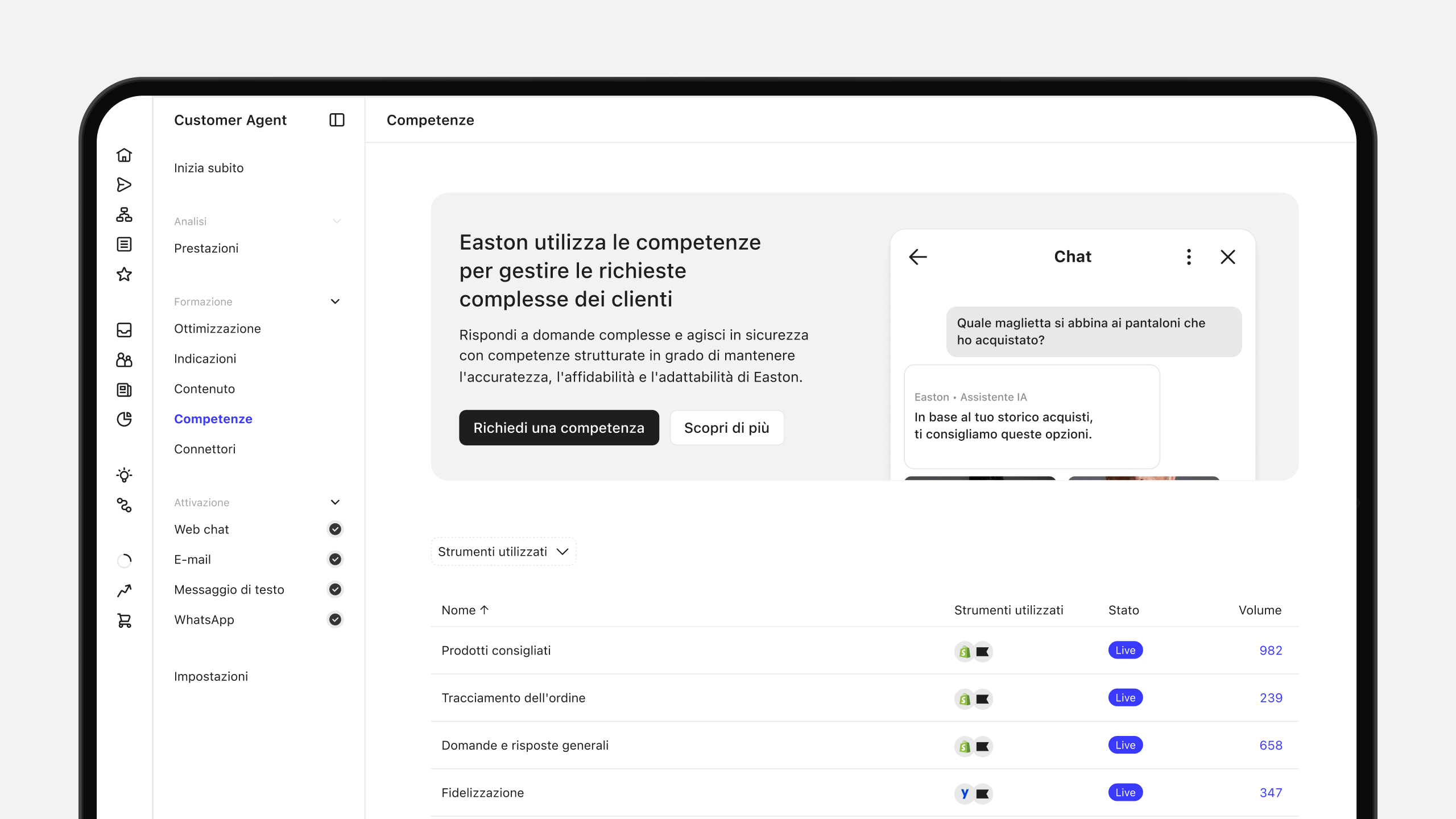 Il pannello di controllo di Customer Agent che mostra competenze IA, un'anteprima della chat con il cliente e una tabella di strumenti attivi e volumi di utilizzo.