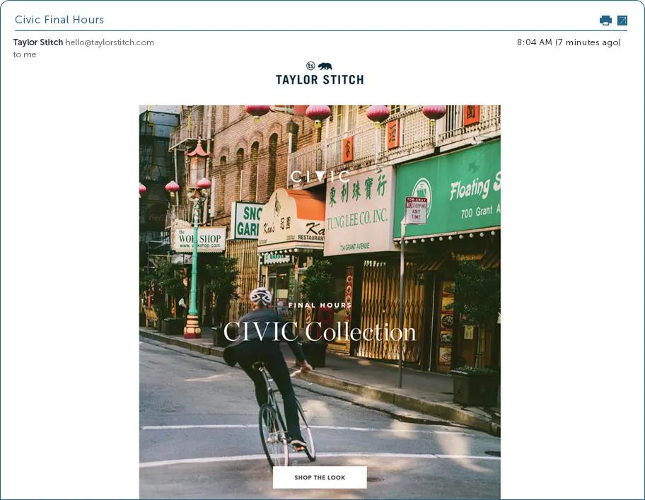 Screenshot of an email from Taylor Stitch.
