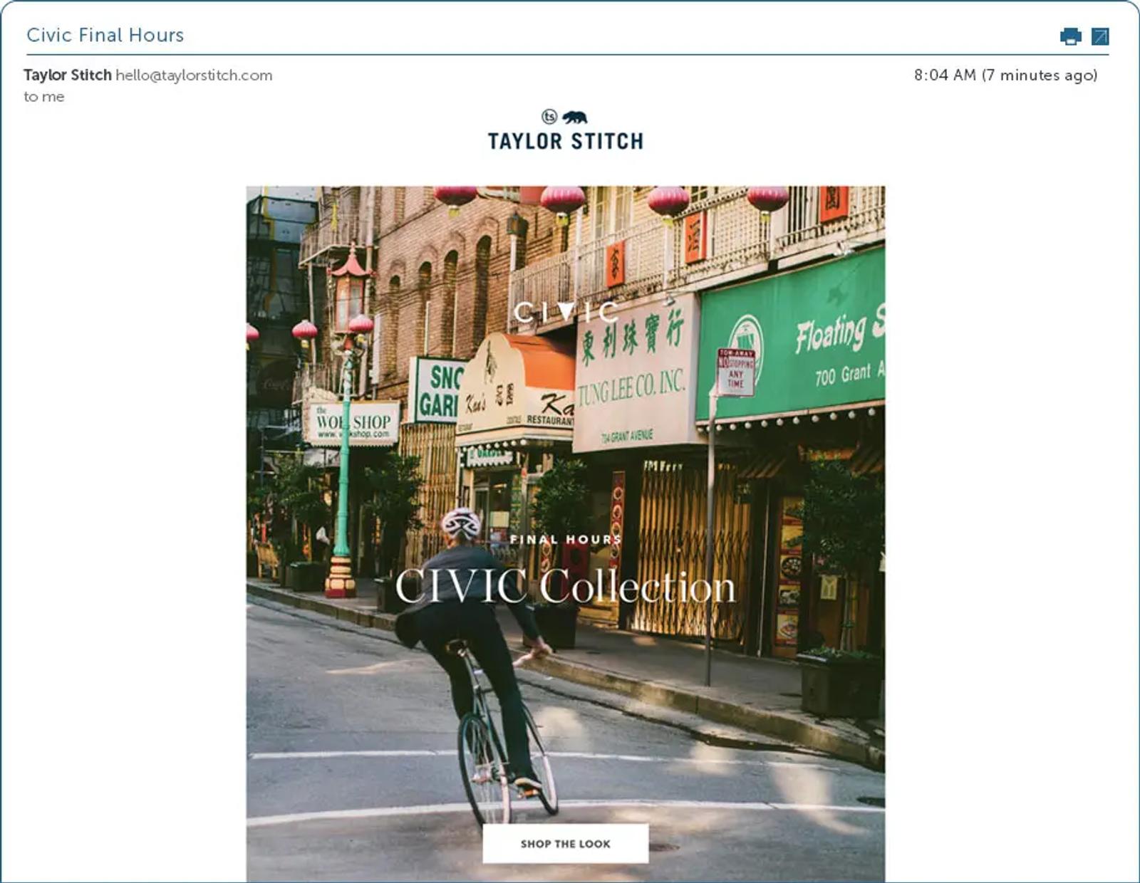 Screenshot of an email from Taylor Stitch.
