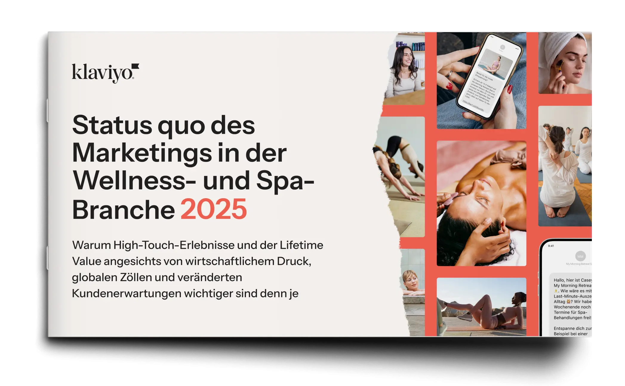 Klaviyo-Logo und Text "Status quo des Marketings in der Wellness- und Spa-Branche 2025" mit Wellness-Bildern rechts.