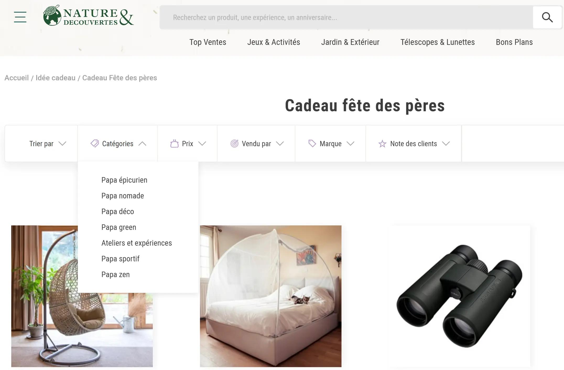 Capture d’écran du site Nature & Découvertes montrant un menu de filtres cadeaux pour la fête des pères avec des catégories personnalisées : Papa épicurien, Papa nomade, Papa déco, Papa green, Ateliers & expériences, Papa sportif, Papa zen.
