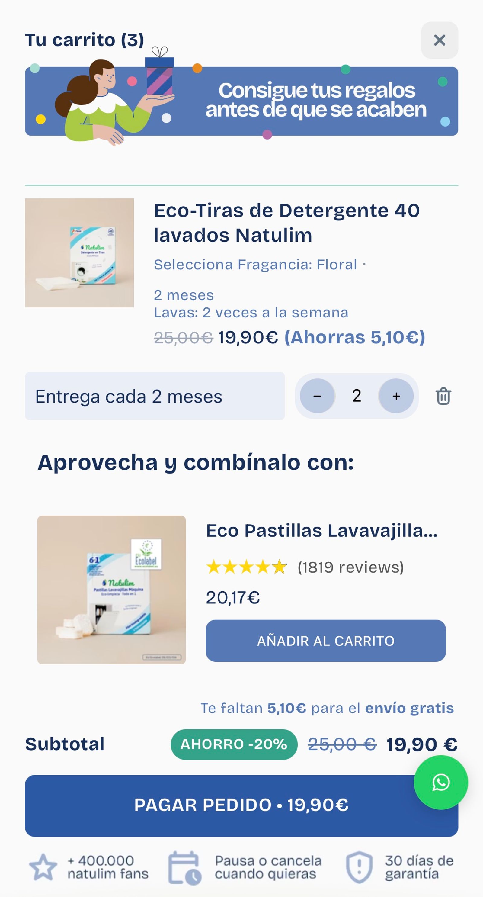 Carrito de compra de Natulim con eco-tiras de detergente y recomendación de venta cruzada de pastillas para lavavajillas ecológicas.