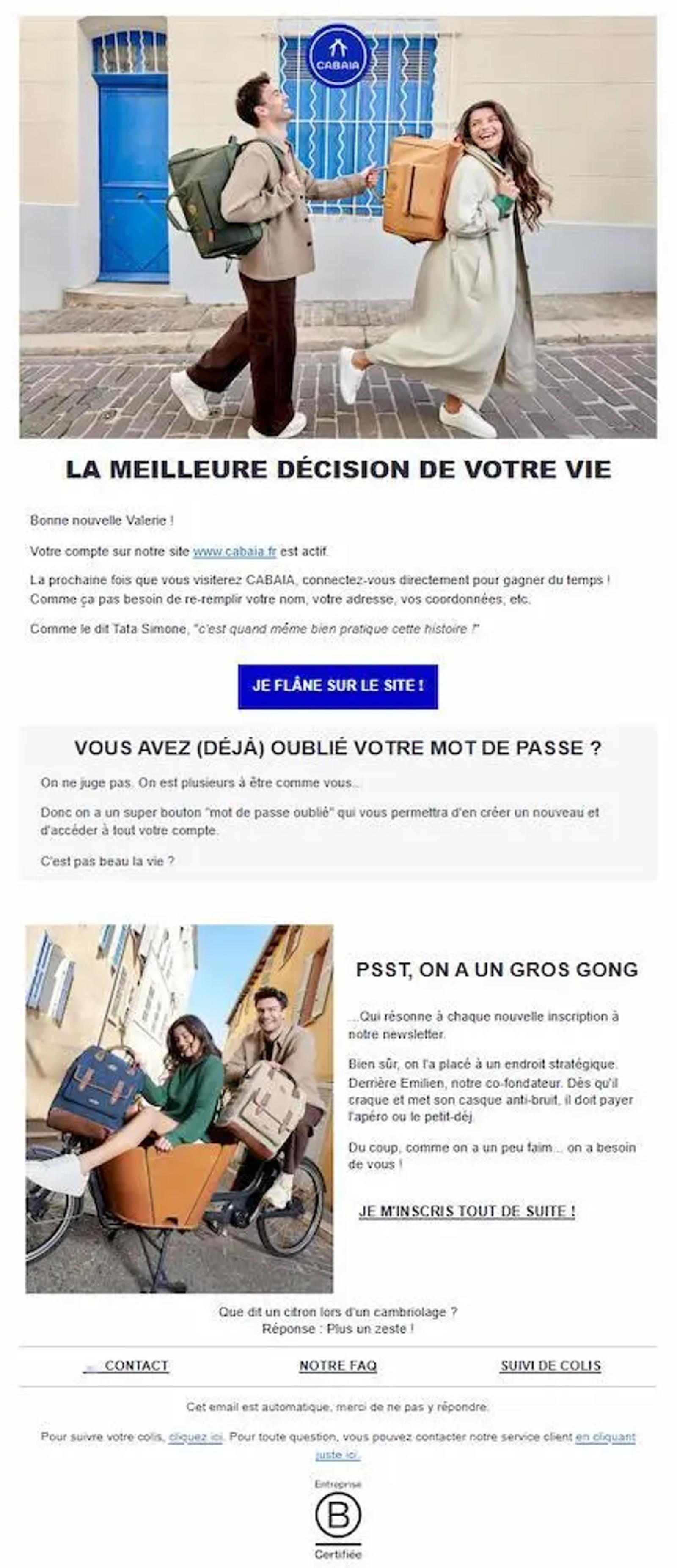Deux personnes souriantes avec des sacs à dos Cabaia devant une porte bleue. Texte promotionnel sur un email de bienvenue.