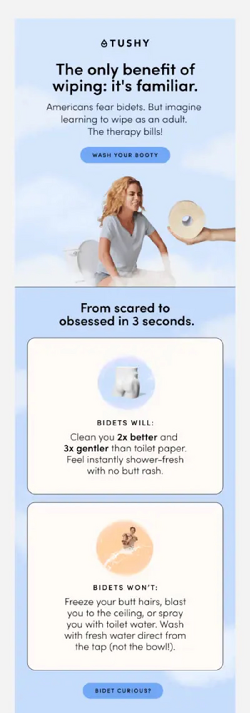 Image shows an email with a hero image of a person with light pink hair sitting on a toilet, while a hand from the right side of the screen hands them a roll of toilet paper. Following the image are two educational panels with an image of a buttocks statue and a person riding on top of a stream of water against a pastel orange background.