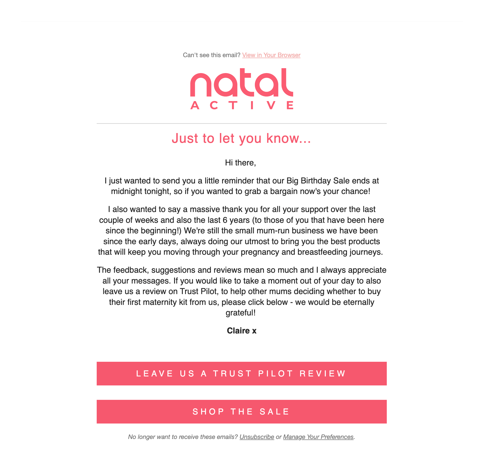 Email from Natal Active reminding about a Big Birthday Sale ending and asking for Trustpilot reviews.