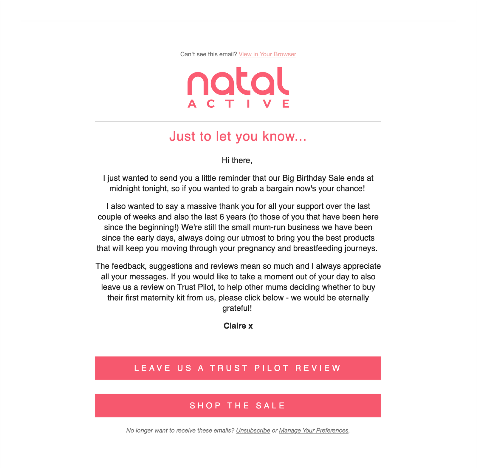 Email from Natal Active reminding about a Big Birthday Sale ending and asking for Trustpilot reviews.