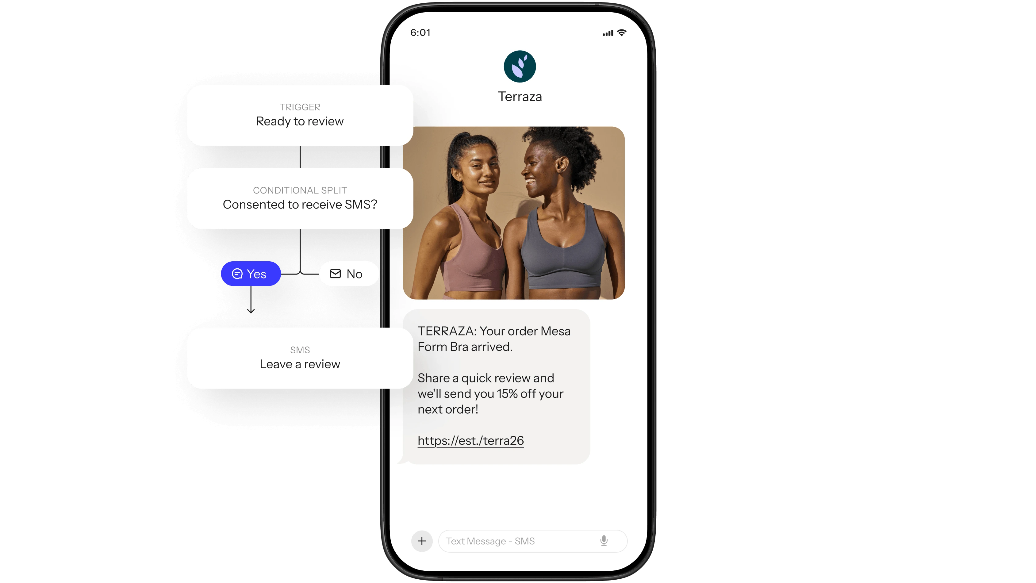 Phone showing a Terraza review request text beside an automated SMS workflow with consent options.