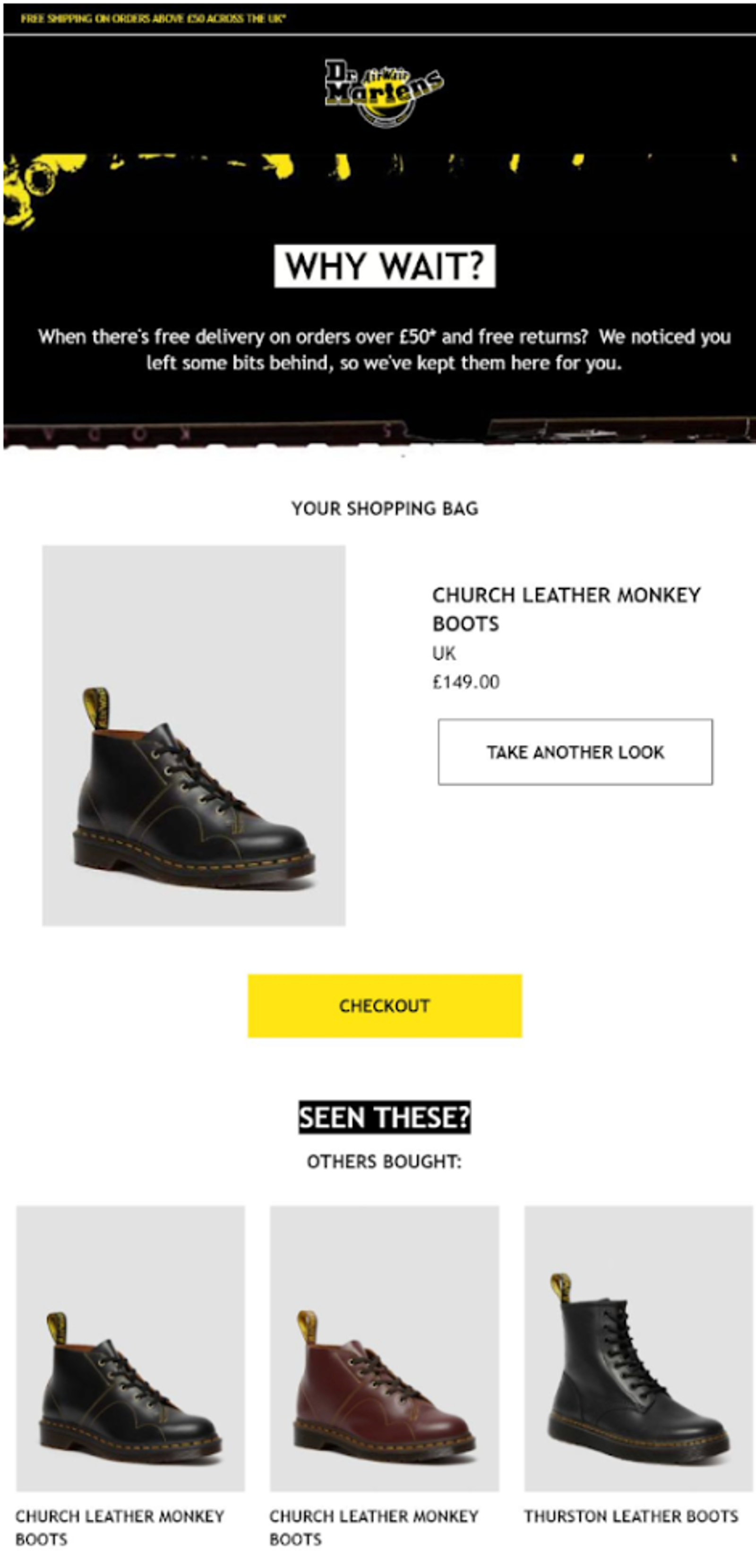 Dr. Martens abandoned cart email featuring black Church Leather Monkey Boots, a free delivery offer, and related boot recommendations.