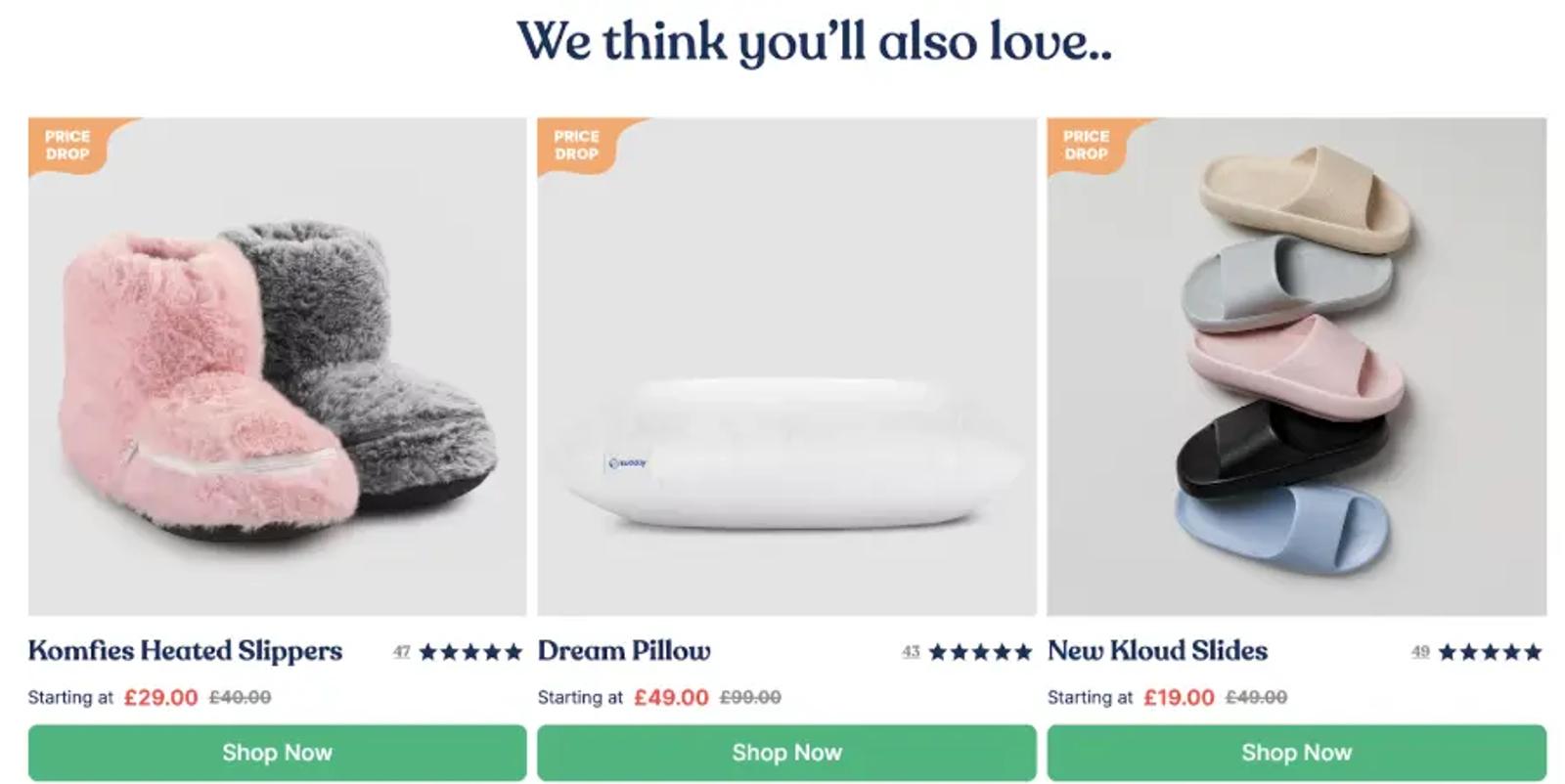 Komfies Heated Slippers, Dream Pillow, and New Kloud Slides with price drops. "Shop Now" buttons below each product.