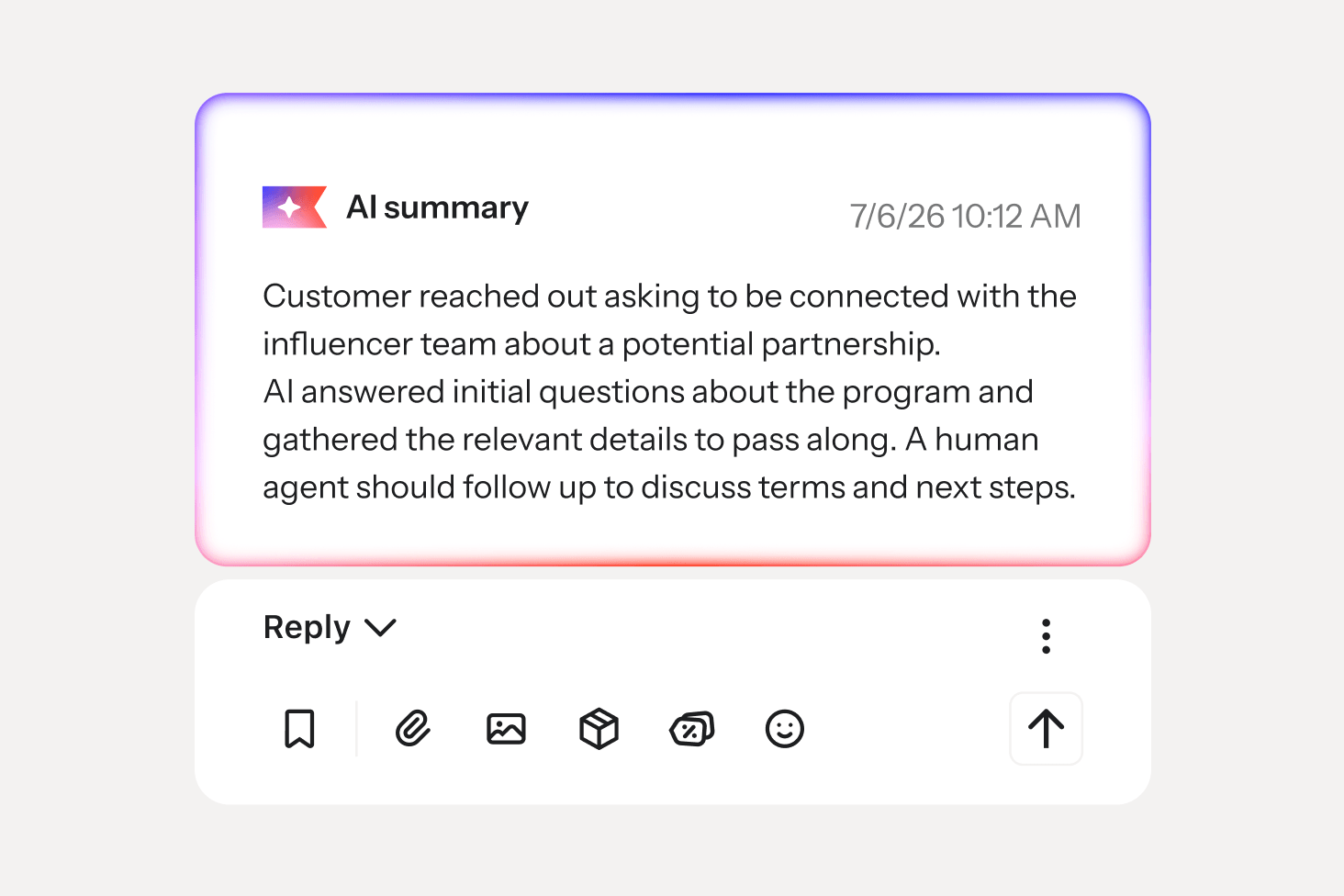 AI summary of a customer’s influencer partnership inquiry above a reply composer.