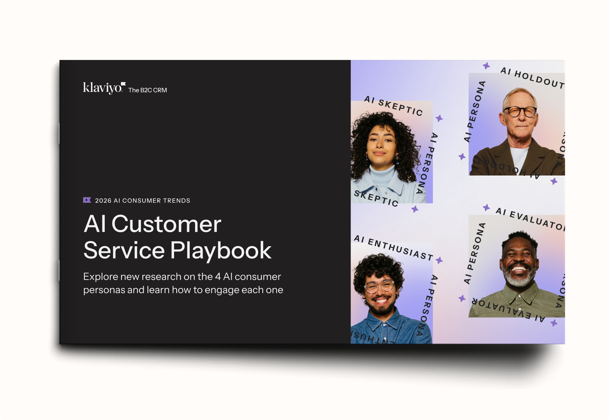 Cover for Klaviyo's "AI Customer Service Playbook," featuring four AI consumer personas: Skeptic, Holdout, Enthusiast, and Evaluator.