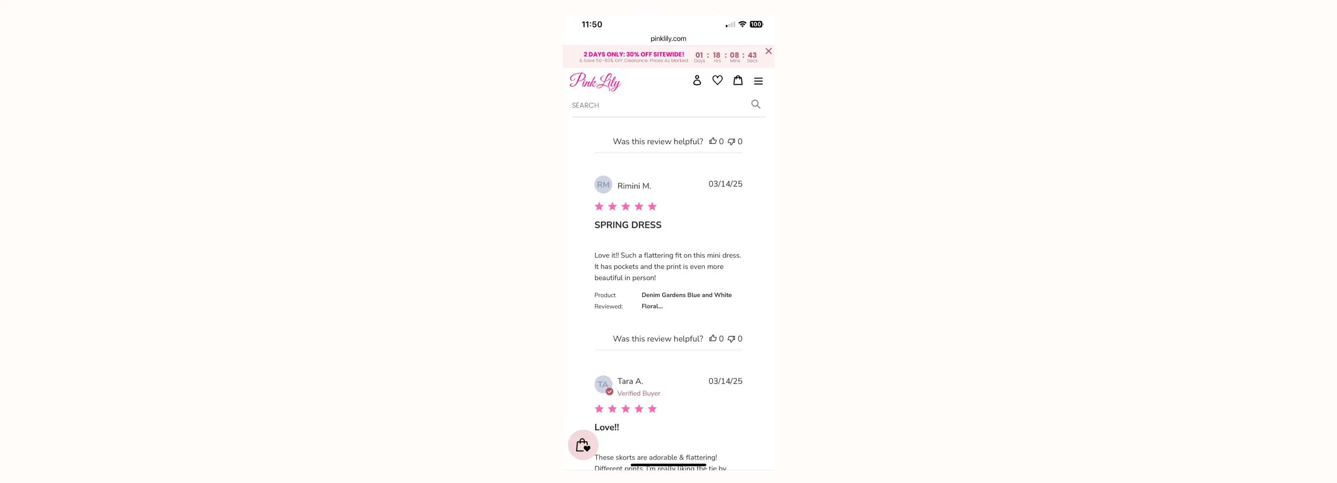 Mobile screenshot of a website with two customer reviews. The one at the top gives a 5-star rating, indicated by 5 stars filled in with hot pink. The title of the review is, “SPRING DRESS.” The title of the next review is, “Love!!” also indicating a 5-star review with pink stars.