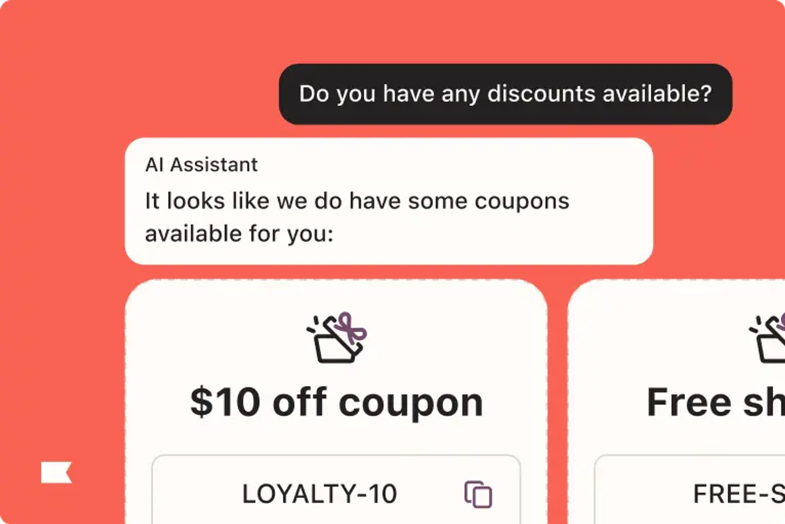 Chat interface showing a user asking for discounts. AI Assistant offers a $10 off coupon with code LOYALTY-10.
