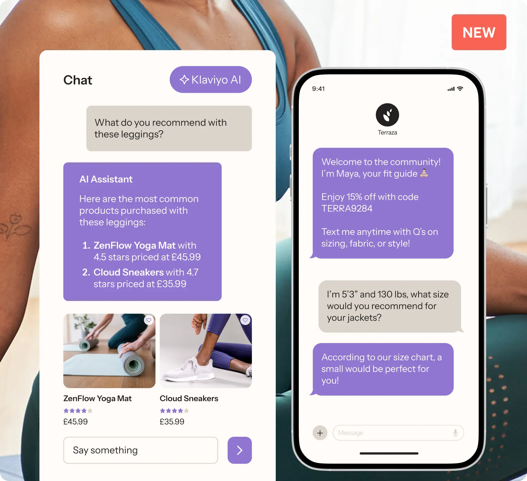 Klaviyo AI chat interface showing product recommendations and a conversation about sizing on a smartphone screen.