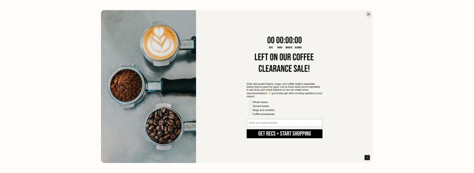 Coffee clearance sale pop-up featuring whole beans, ground coffee, and a latte, with a countdown and email signup form.
