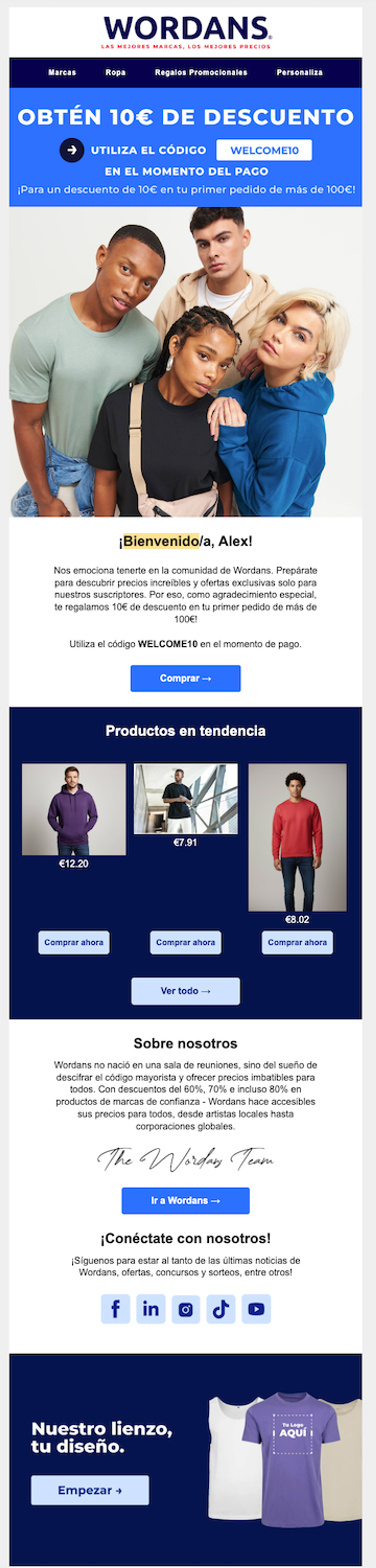 Email de bienvenida de Wordans con el titular «Obtén 10 € de descuento», el código WELCOME10 para el primer pedido superior a 100 €, un saludo personalizado con el nombre del suscriptor y una sección de productos en tendencia con precios.
