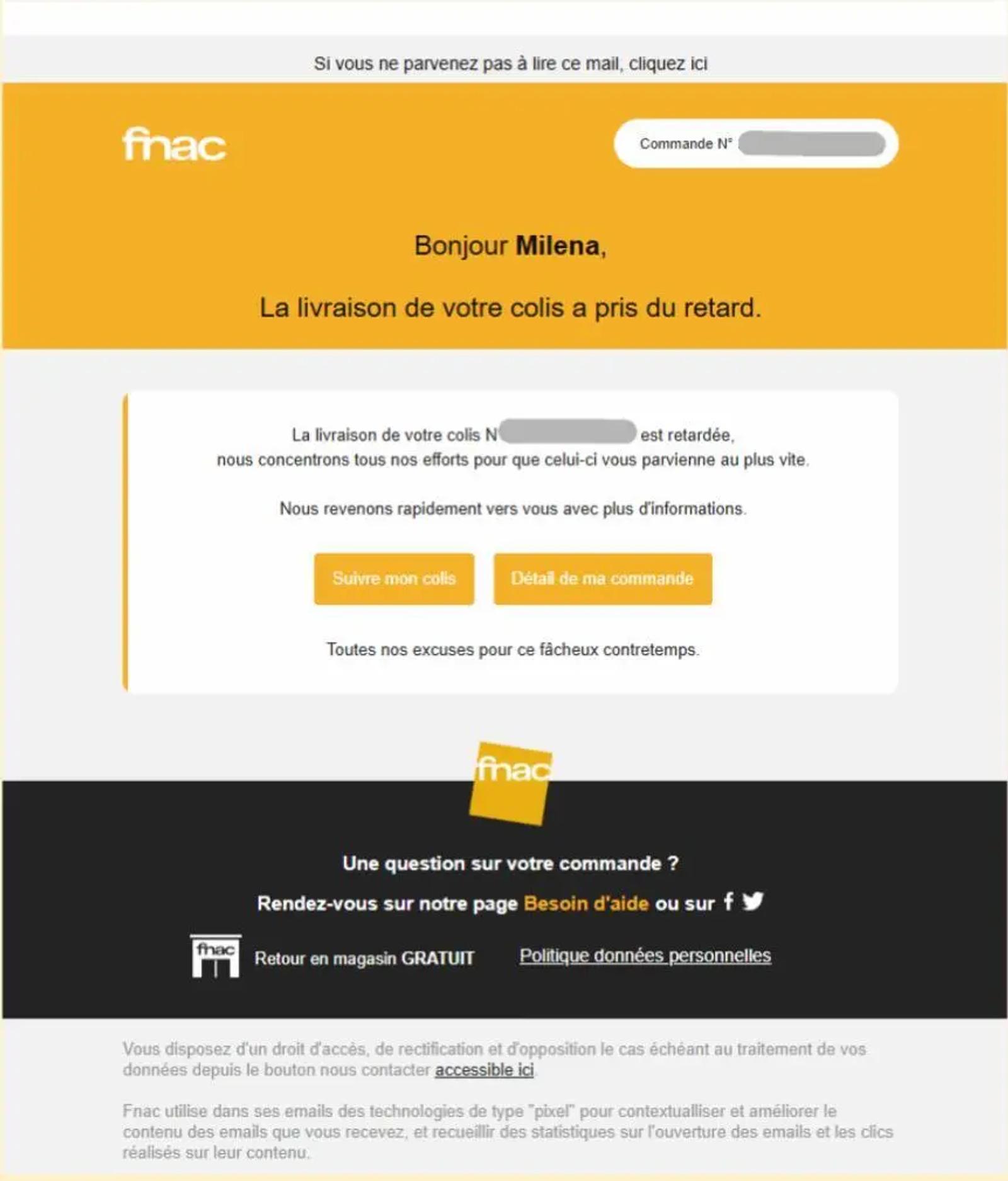 Email de confirmation de commande Fnac indiquant un retard de livraison, avec options pour suivre le colis et voir les détails.