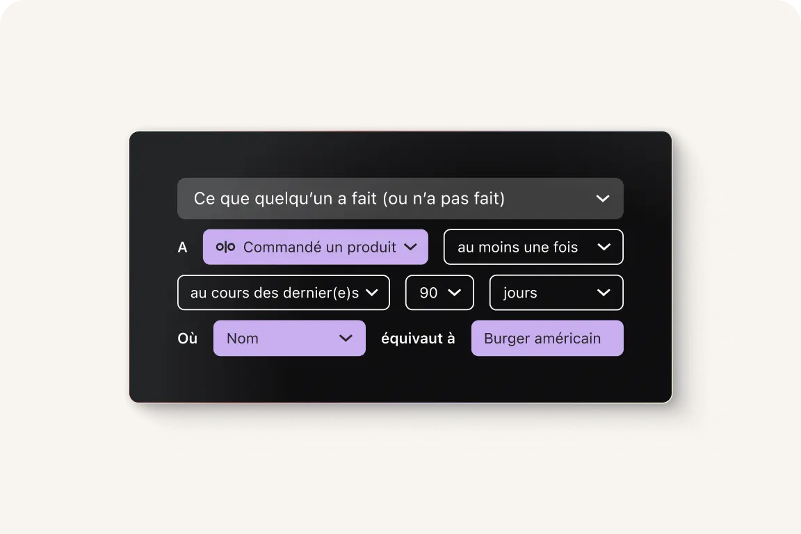 Interface utilisateur montrant des filtres pour des commandes de produits, incluant des options de fréquence et de période.